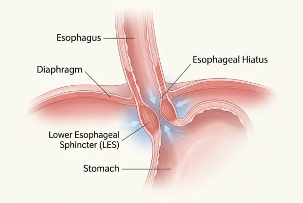 Anatomical view of lower esophageal sphincter affected by abdominal pressure