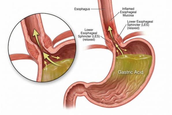 Anatomical view of lower esophageal sphincter and acid reflux mechanism