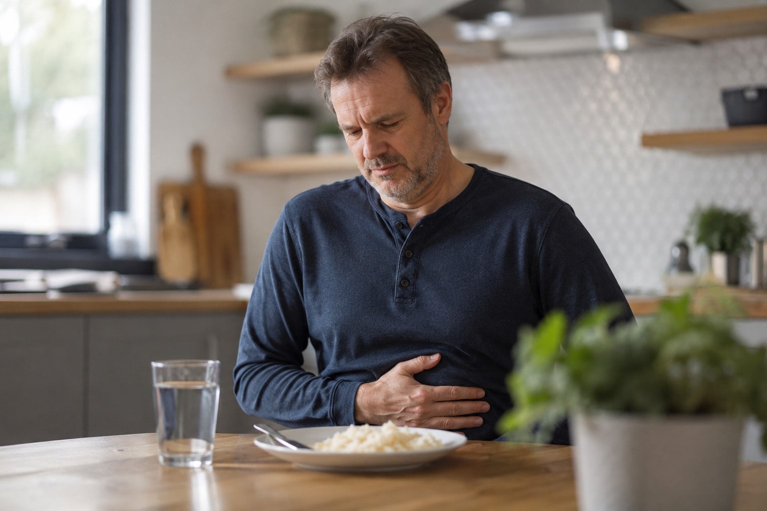 Man with abdominal discomfort linked to diverticulitis and acid reflux symptoms
