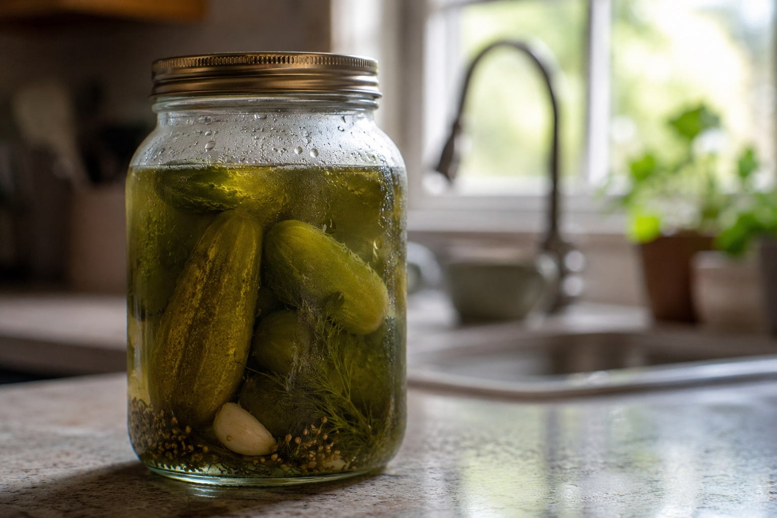 Jar of pickle juice brine often used as a home remedy for heartburn
