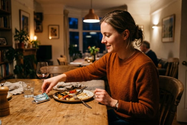 Person chewing gum after a meal to reduce postprandial acid reflux symptoms
