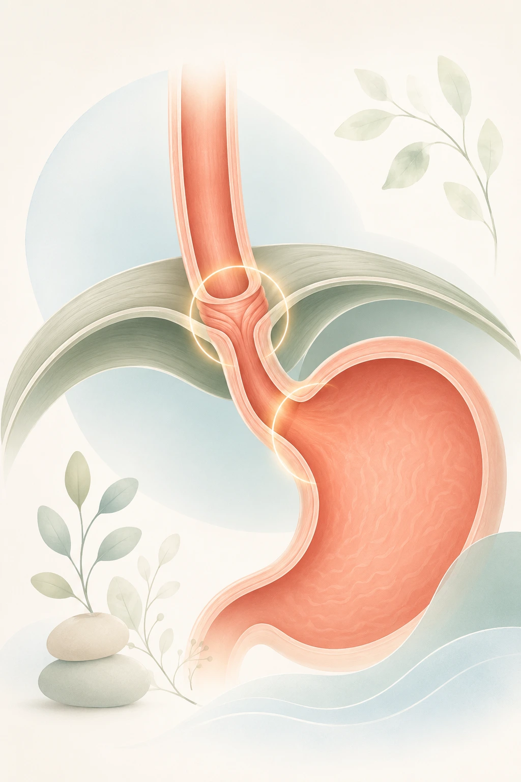 Illustration of the esophagus and stomach showing the muscular valve, supporting diaphragm, and the angle that work together to hold back reflux