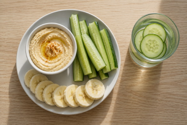 Cucumber sticks with hummus and banana slices on a reflux-friendly snack plate