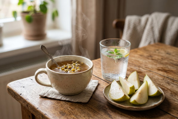 Reflux-safe drinks including chamomile tea and water as cranberry juice alternatives