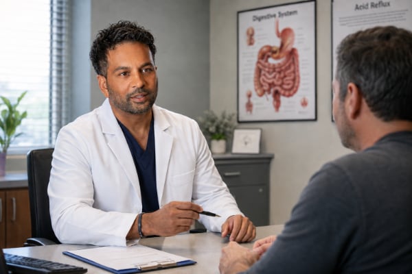 Dr. Grandhige and patient consultation for GERD diagnosis and treatment