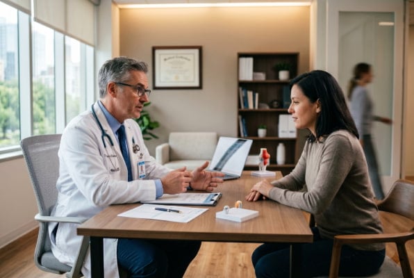 Reflux specialist consulting with a patient about chronic acid reflux treatment