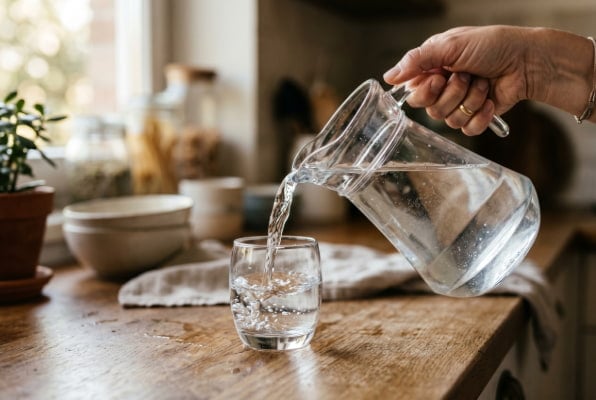 Pouring small amount of water into glass for slow sipping to prevent acid reflux