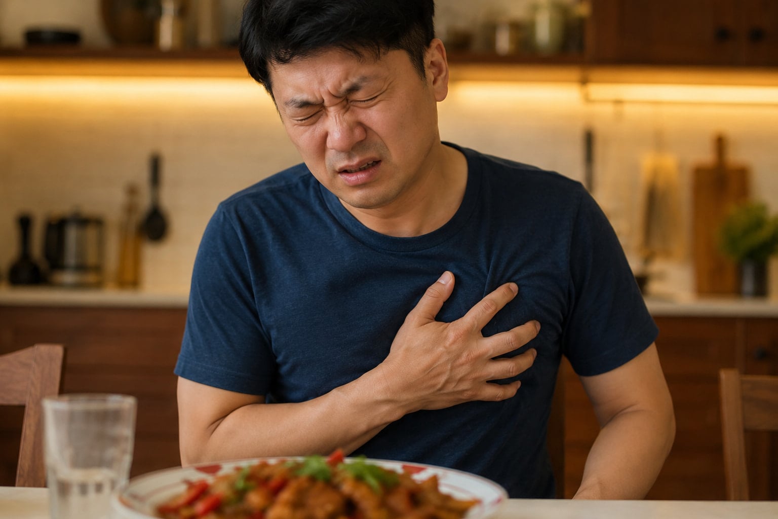 Person experiencing chest discomfort after eating spicy food showing common heartburn symptom