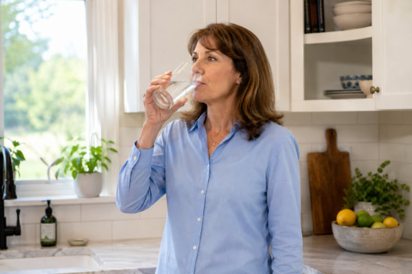 Woman staying upright after taking medication to avoid esophageal irritation