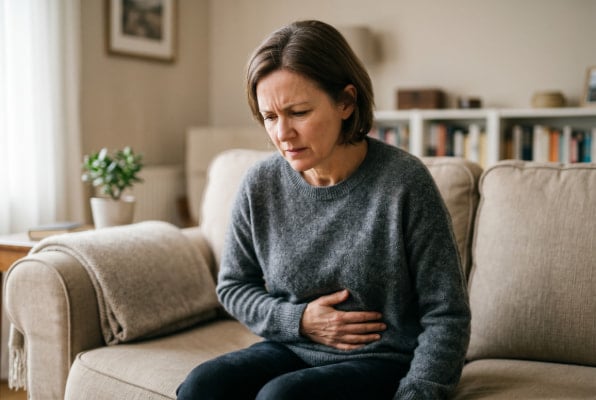 Person experiencing abdominal discomfort from chronic straining and constipation