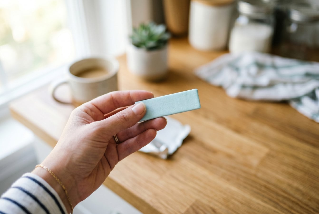 Sugar-free gum being unwrapped on a kitchen counter for post-meal acid reflux relief