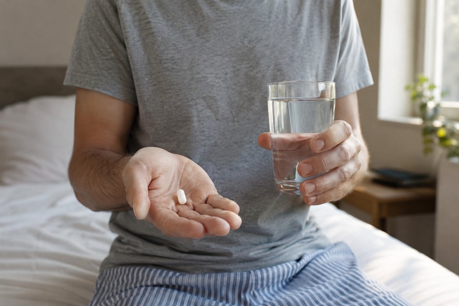 Person taking doxycycline with a full glass of water to prevent heartburn