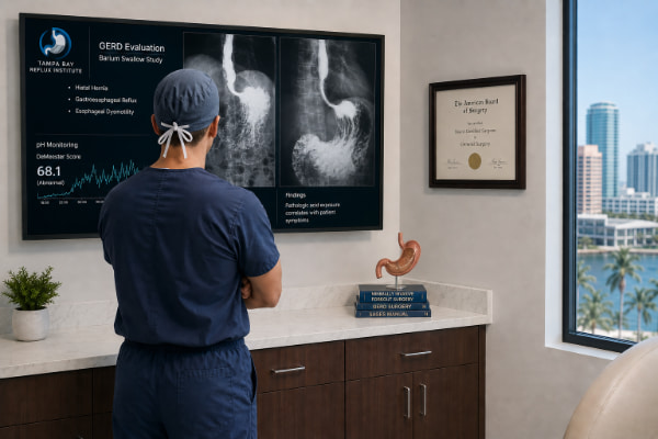 Tampa Bay Reflux Institute surgeon reviewing imaging during a GERD workup consultation