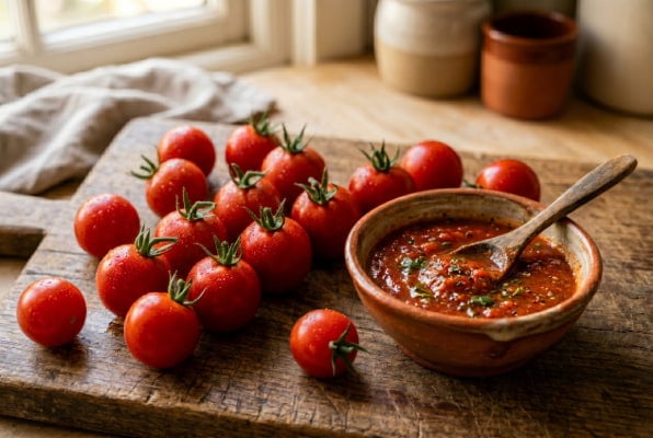 Fresh tomatoes and sauce shown as common acid reflux trigger foods for GERD