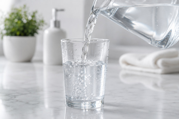 Glass of water being poured, illustrating hydration for acid reflux relief
