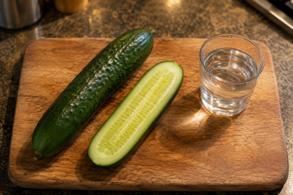 Whole and halved cucumbers on a cutting board next to a glass of water