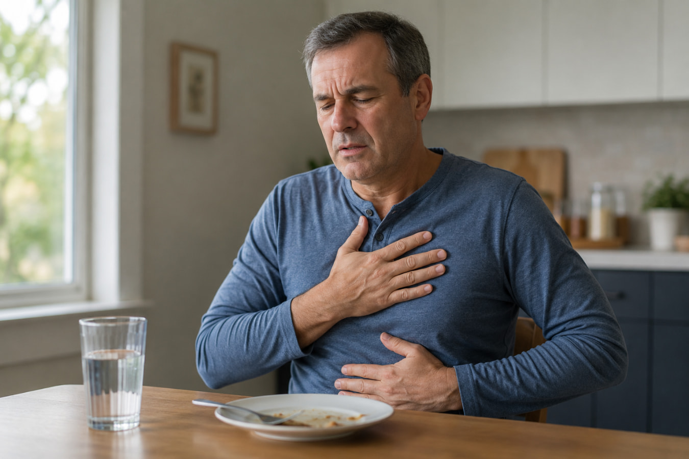 Man feeling acid reflux and gas discomfort after eating at his kitchen table