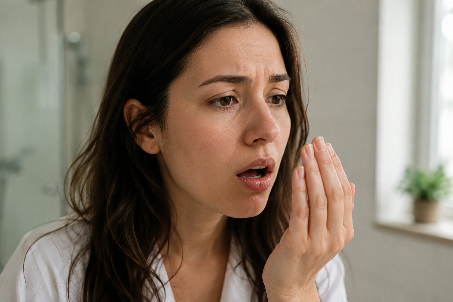 Woman checking her breath, worried about acid reflux bad breath despite brushing