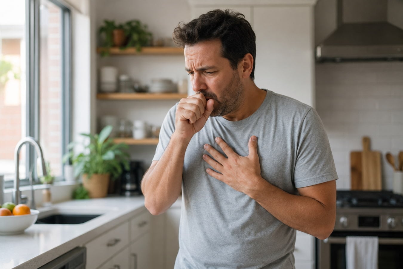 Man with an acid reflux cough holding his chest while coughing in a bright kitchen