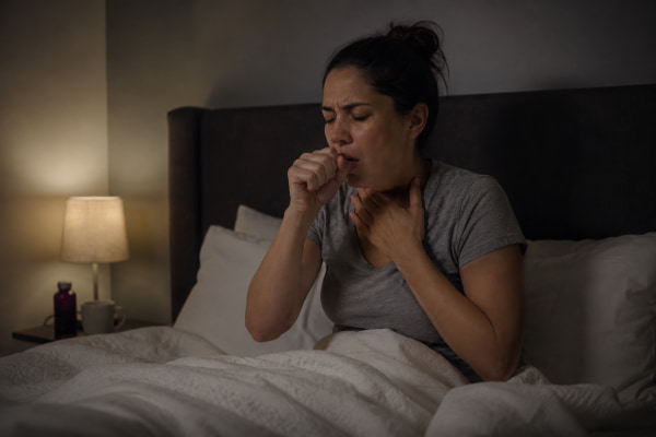 Woman awake at night with a reflux cough that worsens when lying down