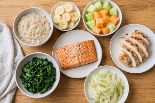 Reflux-friendly foods like oatmeal, banana, melon, chicken, salmon and greens