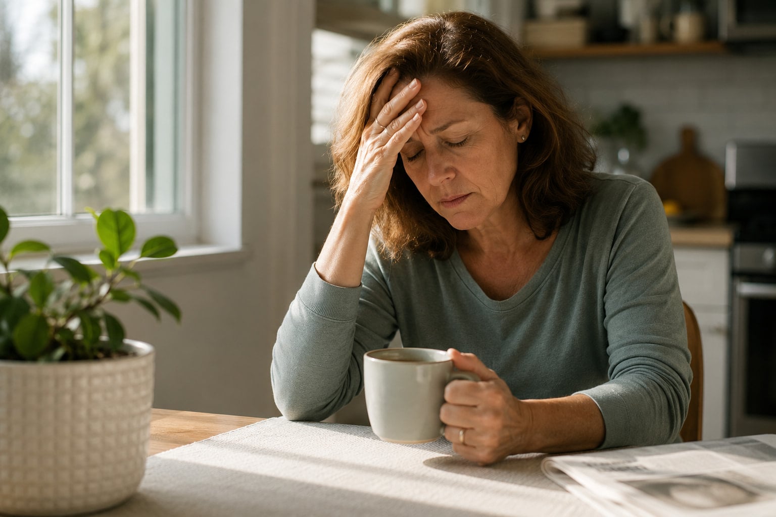 Woman with an acid reflux headache holding her head at a kitchen table
