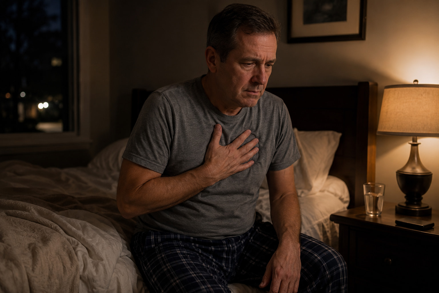 Man feeling chest flutter at night wondering if acid reflux can cause heart palpitations