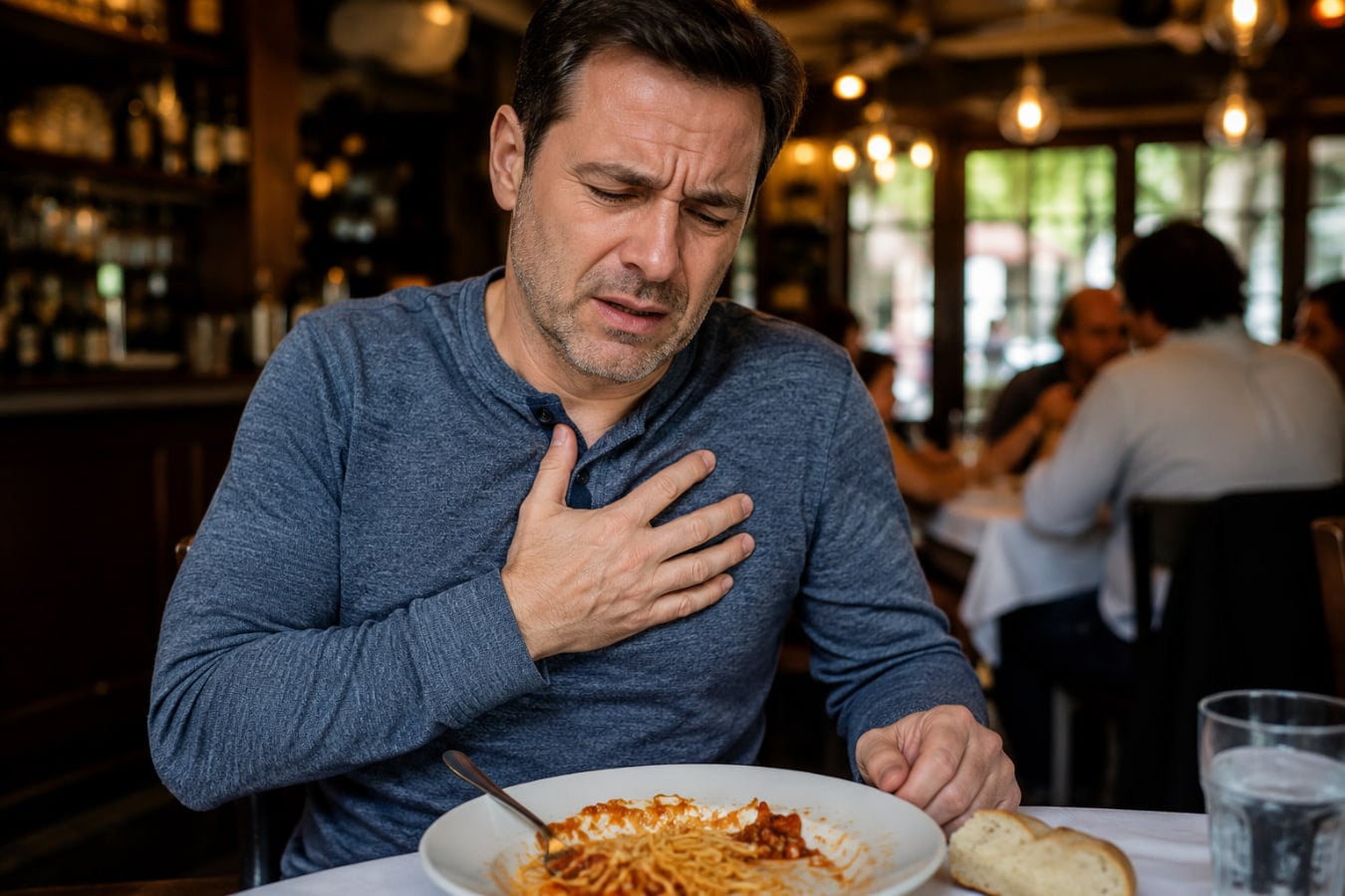 Man with acid reflux and heartburn after eating a gluten-heavy meal at a restaurant