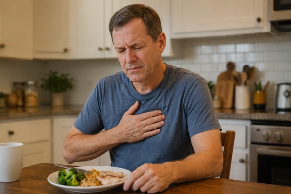 Man with chest discomfort during an acid reflux episode that can cause bad breath