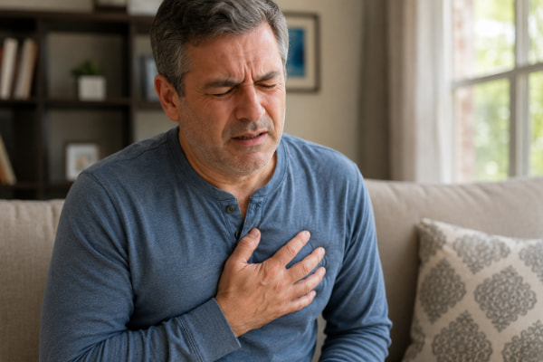 Person with acid reflux discomfort that can lead to considering fundoplication surgery