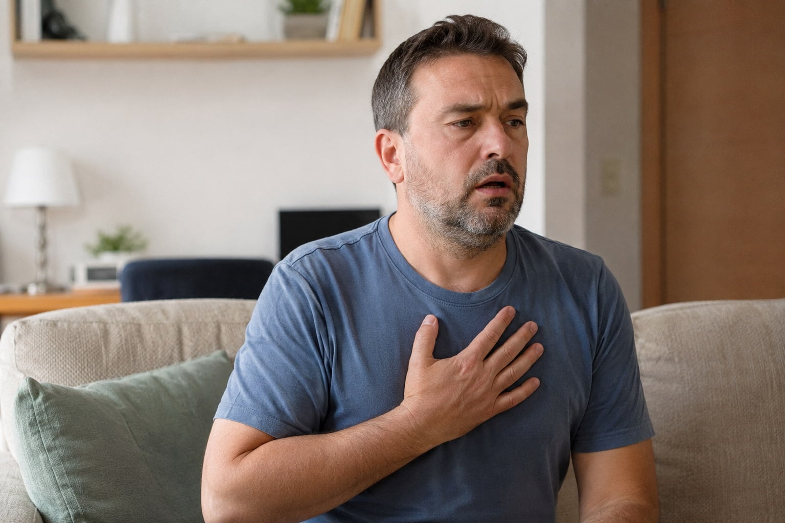 Man holding his chest and struggling to breathe from acid reflux and shortness of breath