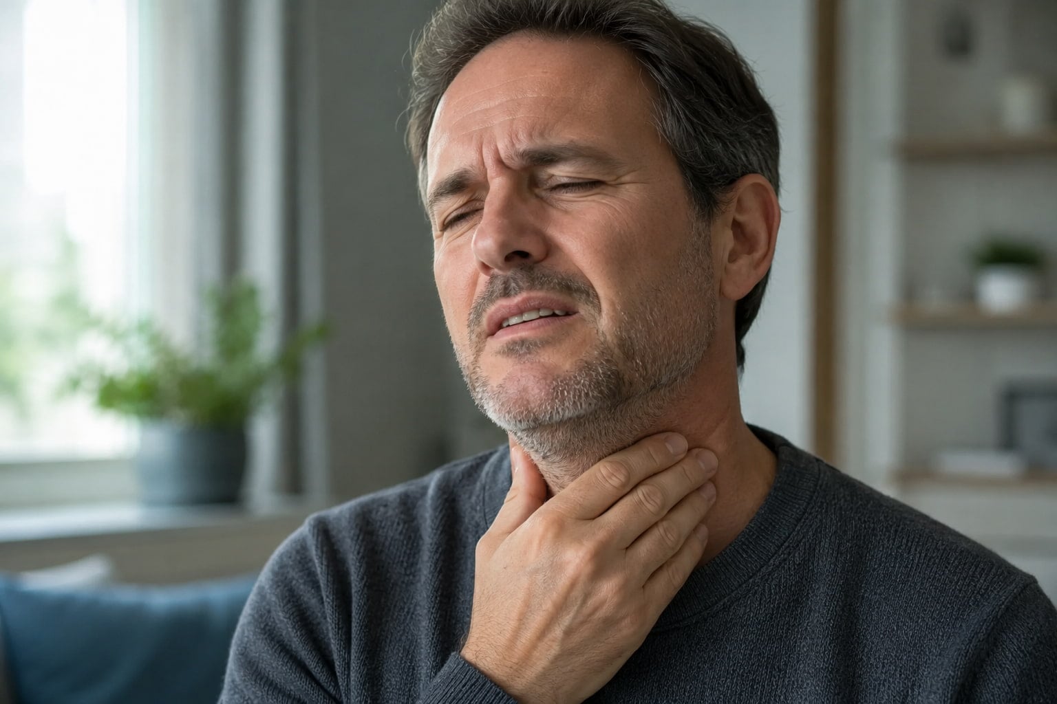 Man holding his throat in discomfort from acid reflux and sore throat