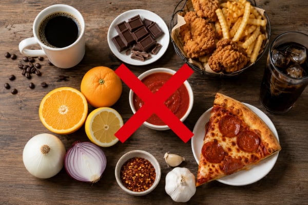 Common heartburn trigger foods including coffee, chocolate, citrus, and fried food