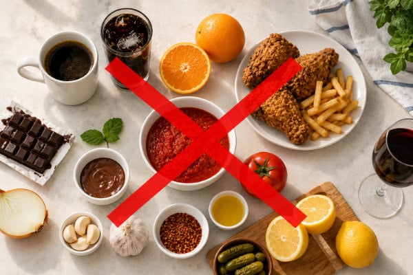 Common trigger foods that can worsen acid reflux and sore throat symptoms