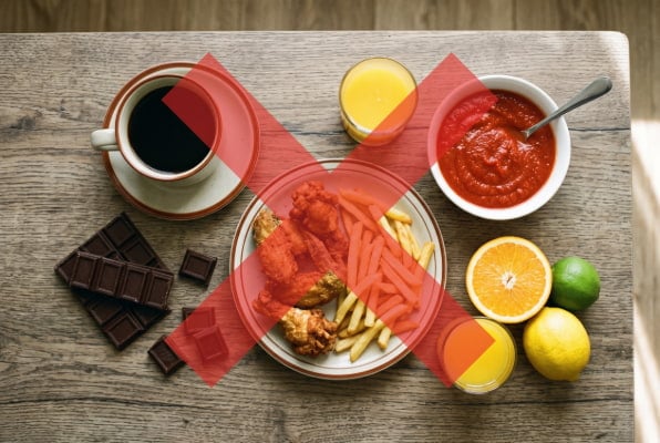 Common acid reflux trigger foods like coffee, citrus, chocolate, and fried food