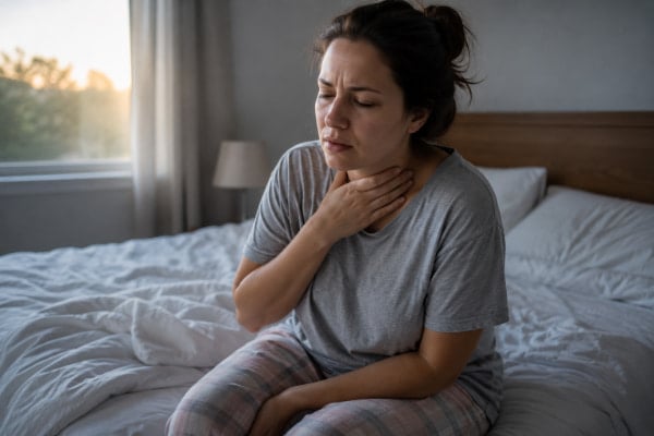 Woman holding her throat feeling nauseous, a common symptom of reflux-related vomiting