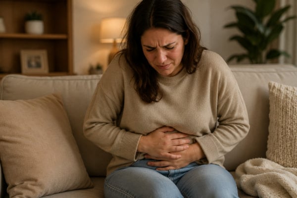 Woman holding a bloated stomach, showing the link between heartburn and bloating