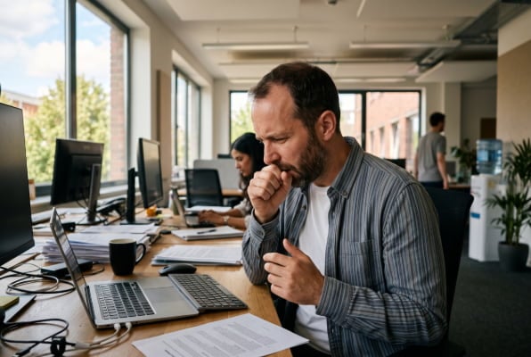 Man with a persistent dry cough, one of the less obvious GERD symptoms