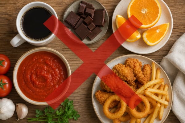 Common acid reflux trigger foods including coffee, chocolate, citrus and tomato sauce on a table