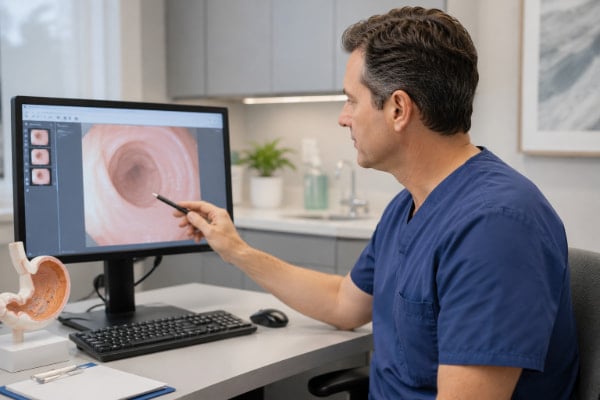 Doctor reviewing an endoscopy image while diagnosing acid reflux and vomiting in a clinic