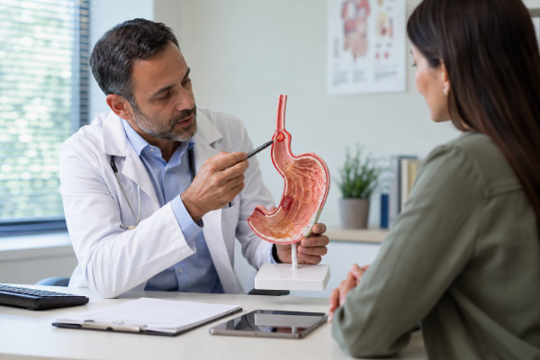 Doctor using a model to show how acid reflux affects the lower esophageal valve