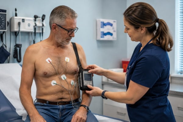 Patient wearing a Holter monitor to diagnose heart palpitations linked to acid reflux