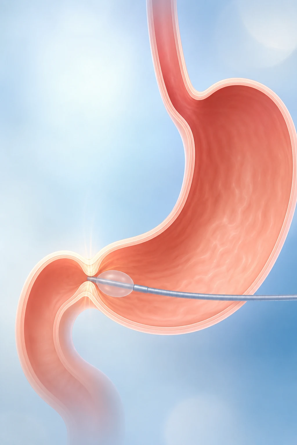 Illustration of a probe measuring how the pyloric valve opens, assessing whether it is the cause of delayed stomach emptying
