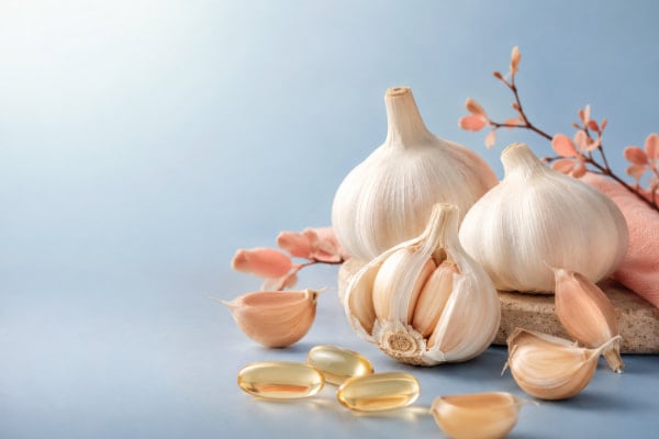 Illustration of fresh garlic bulbs beside supplement capsules