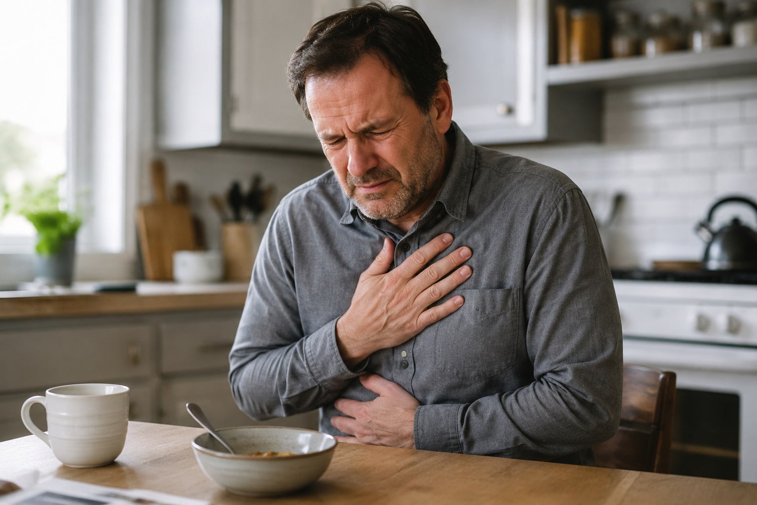 Man with chest and upper stomach discomfort from gastritis vs GERD symptoms