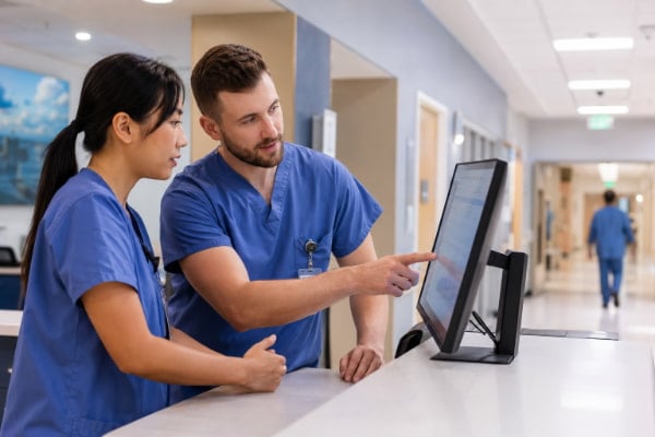 Care team reviewing GERD treatment results on a monitor in a modern hospital