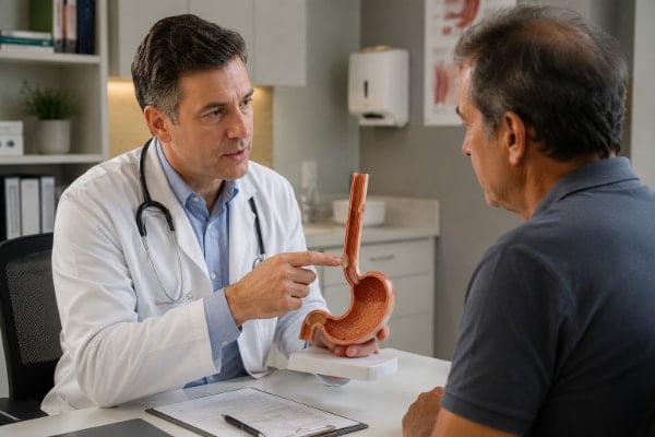 Doctor explaining how GERD affects the esophagus during a Tampa consultation