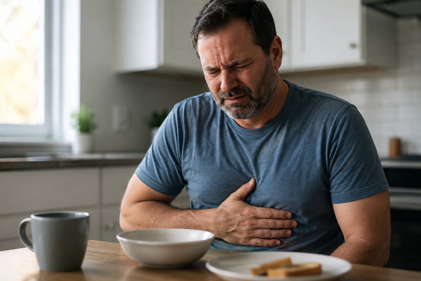 Man clutching his upper abdomen from GERD stomach pain after a meal
