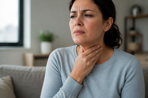 Woman with hand to her throat feeling a lump, a common GERD symptom