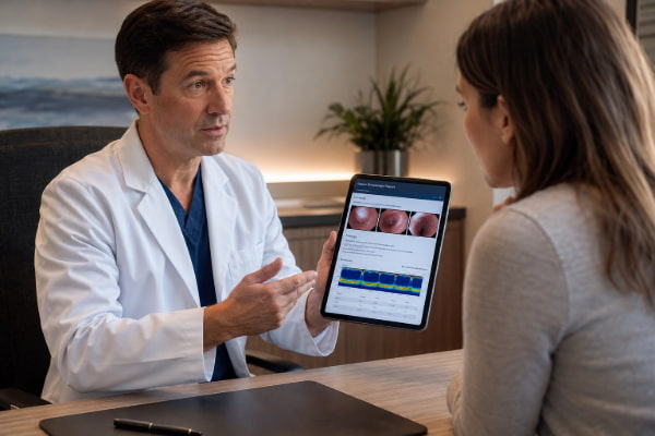 Board-certified surgeon discussing GERD stomach pain treatment with a patient